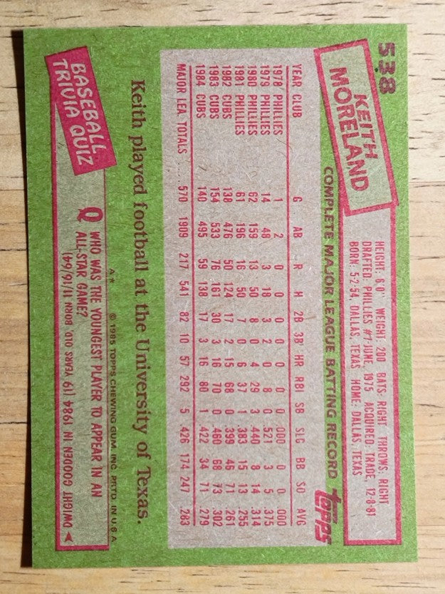 1985 Topps #538 Keith Moreland