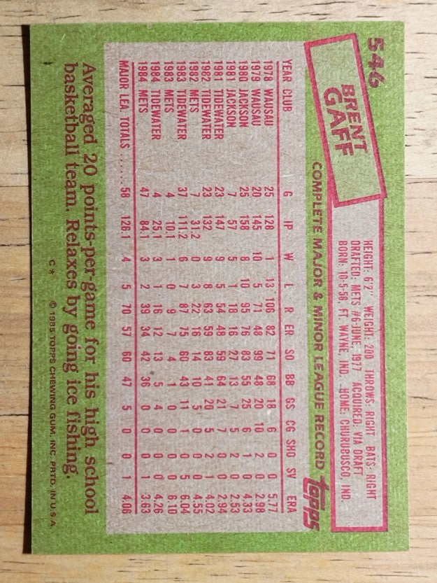 1985 Topps #546 Brent Gaff
