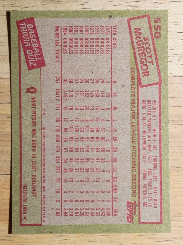 1985 Topps #550 Scott McGregor