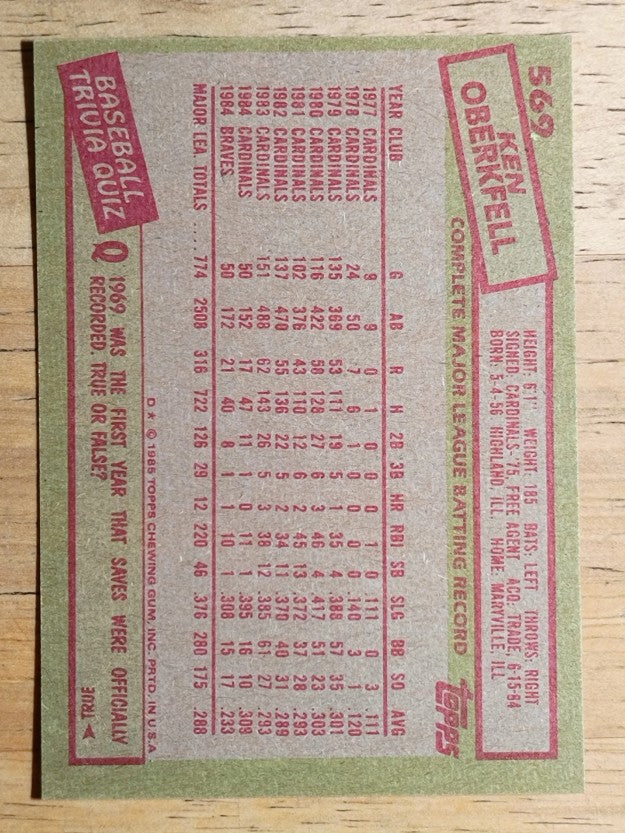 1985 Topps #569 Ken Oberkfell