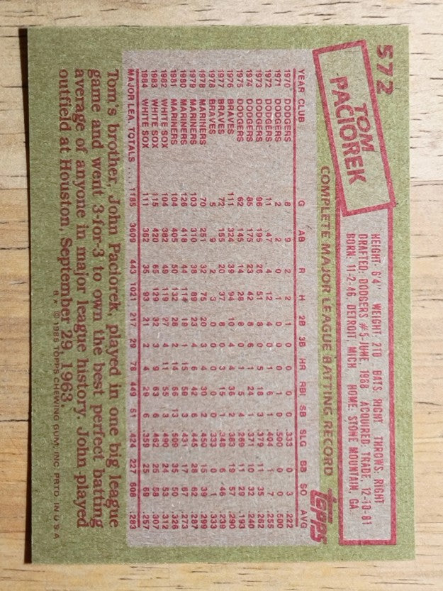 1985 Topps #572 Tom Paciorek