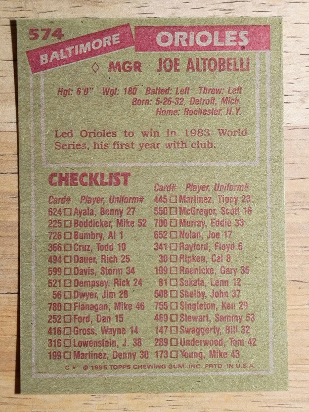 1985 Topps #574 Joe Altobelli MG