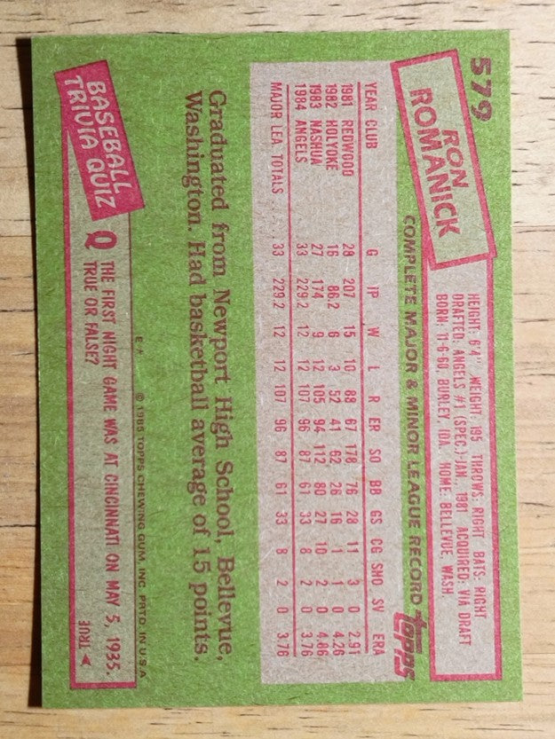 1985 Topps #579 Ron Romanick