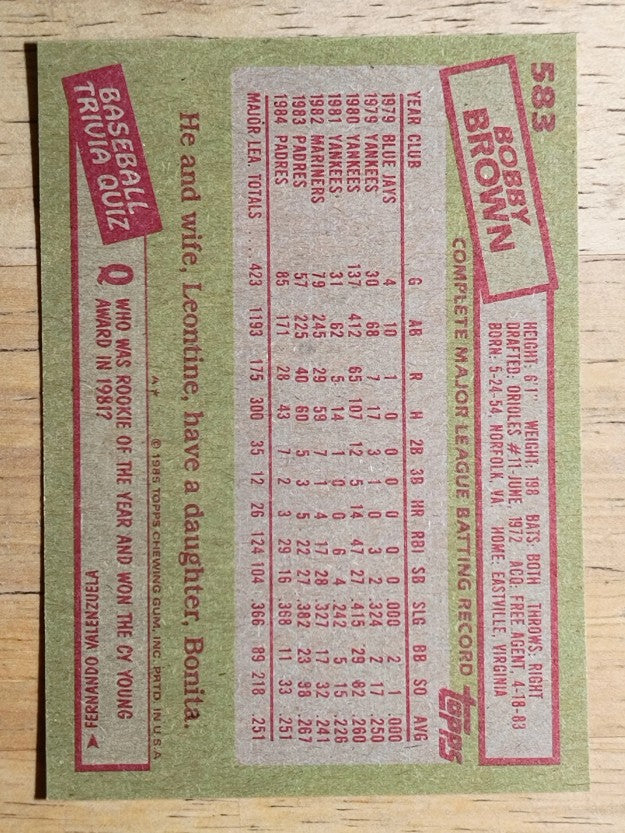 1985 Topps #583 Bobby Brown
