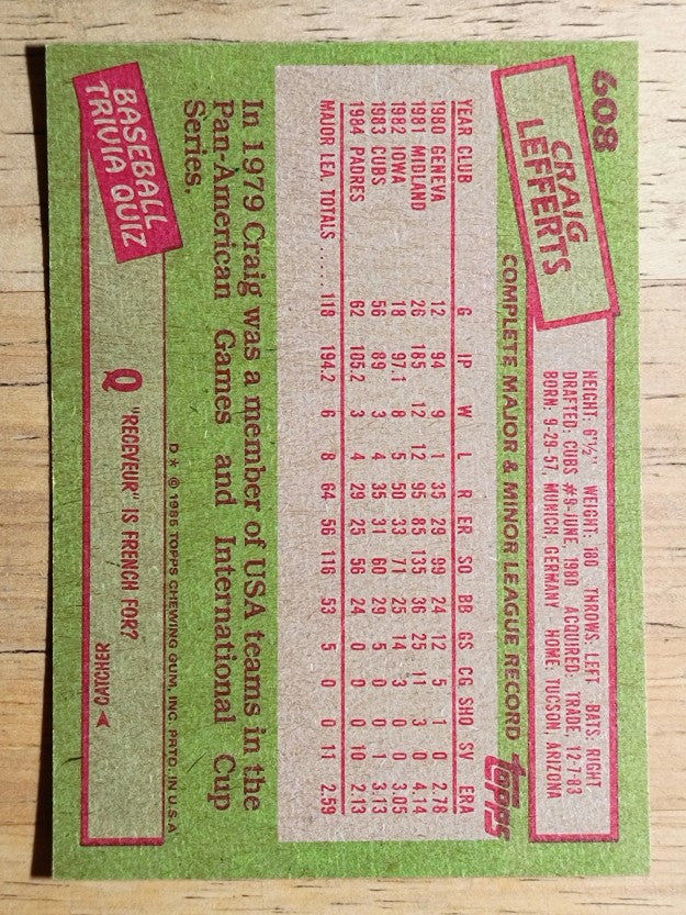 1985 Topps #608 Craig Lefferts