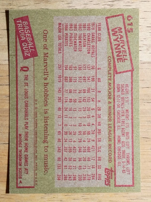1985 Topps #615 Marvell Wynne