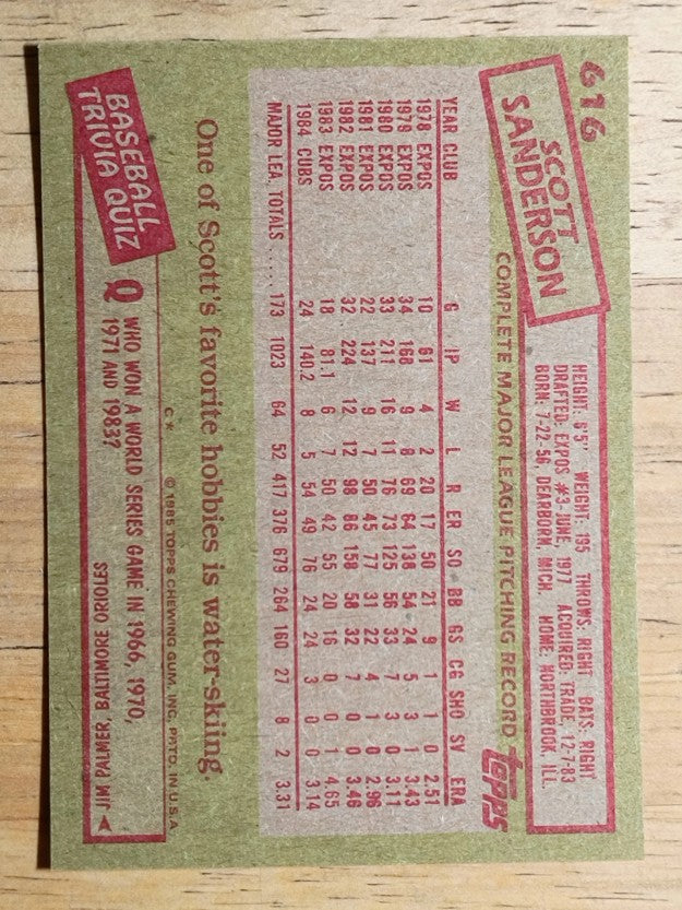 1985 Topps #616 Scott Sanderson