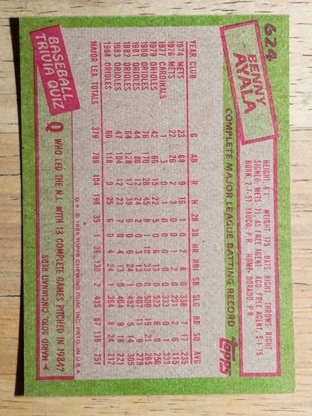 1985 Topps #624 Benny Ayala
