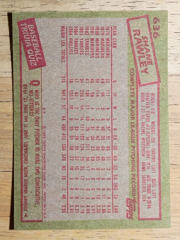 1985 Topps #636 Shane Rawley