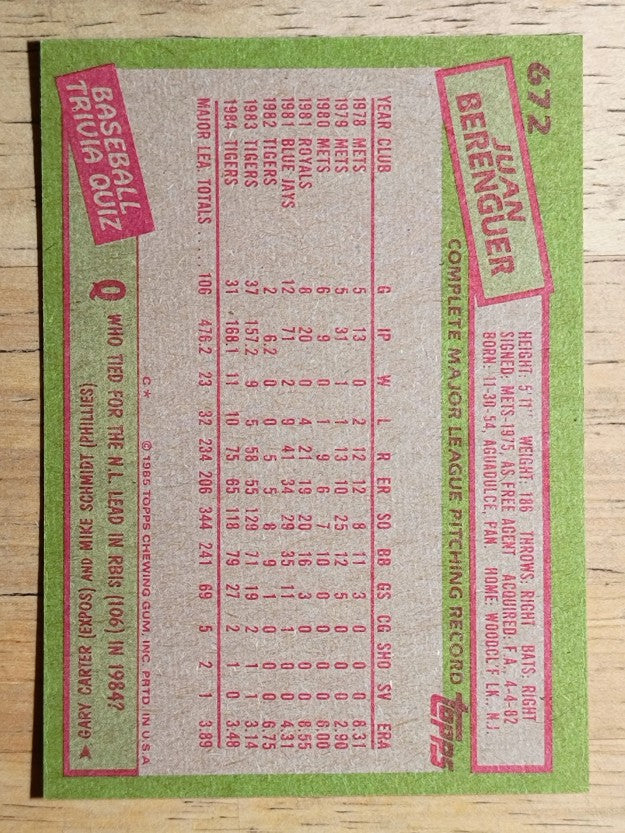 1985 Topps #672 Juan Berenguer