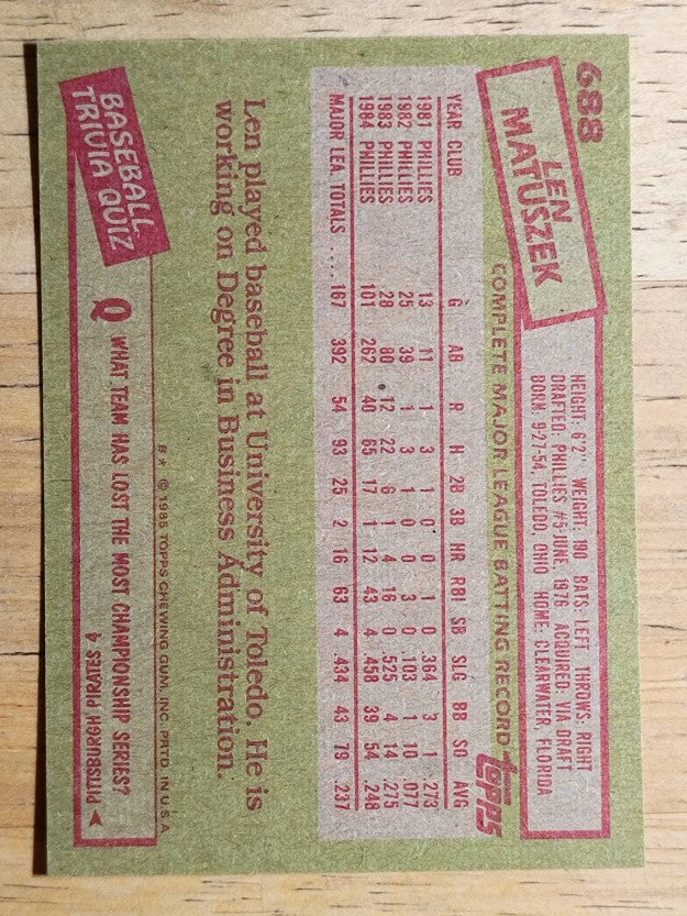 1985 Topps #688 Len Matuszek