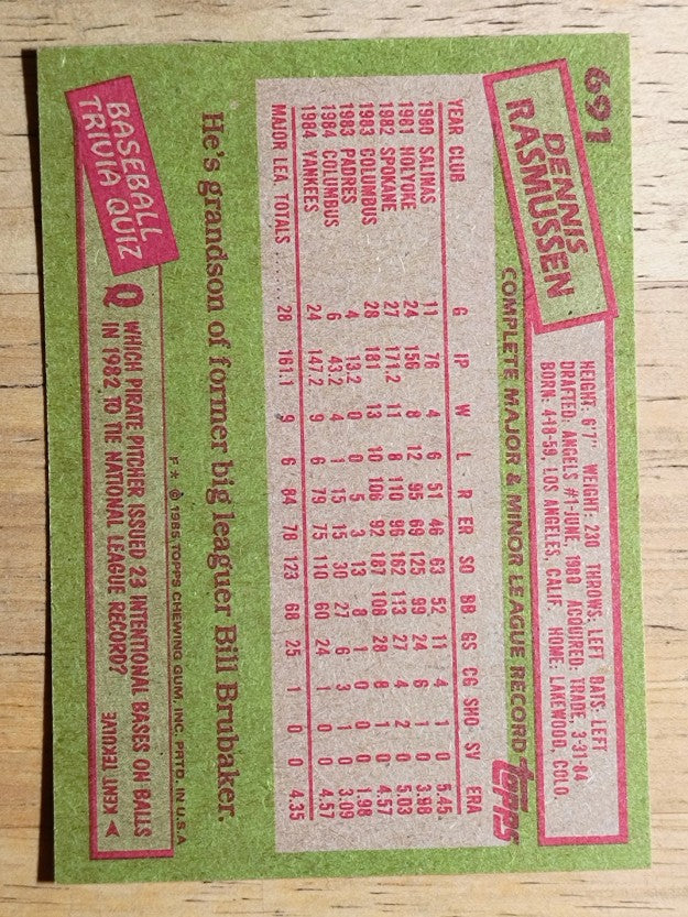 1985 Topps #691 Dennis Rasmussen