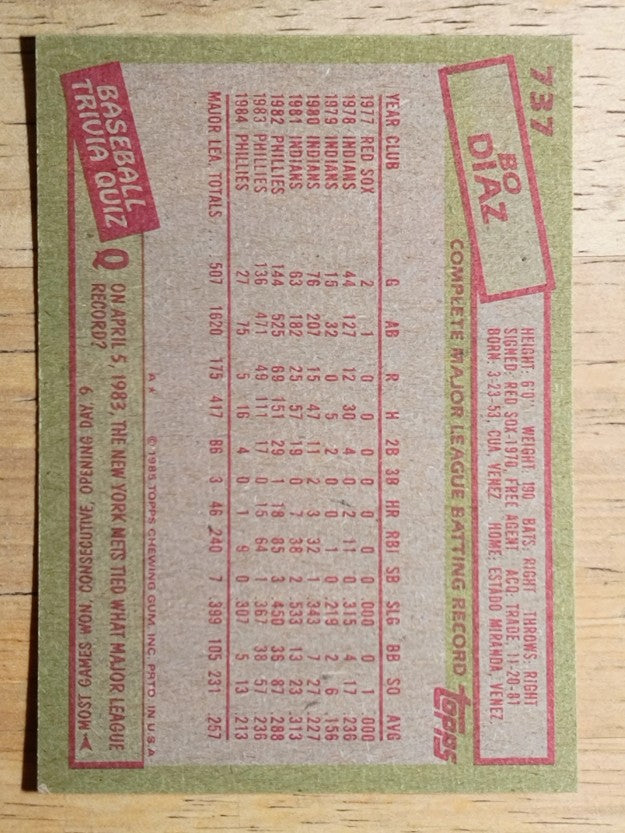 1985 Topps #737 Bo Diaz
