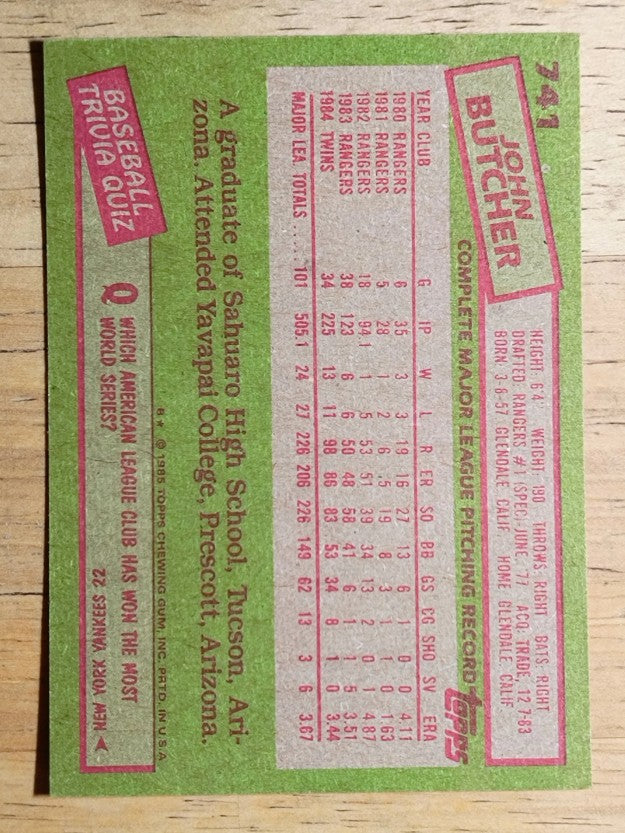 1985 Topps #741 John Butcher
