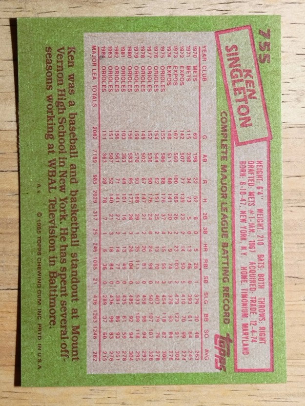 1985 Topps #755 Ken Singleton
