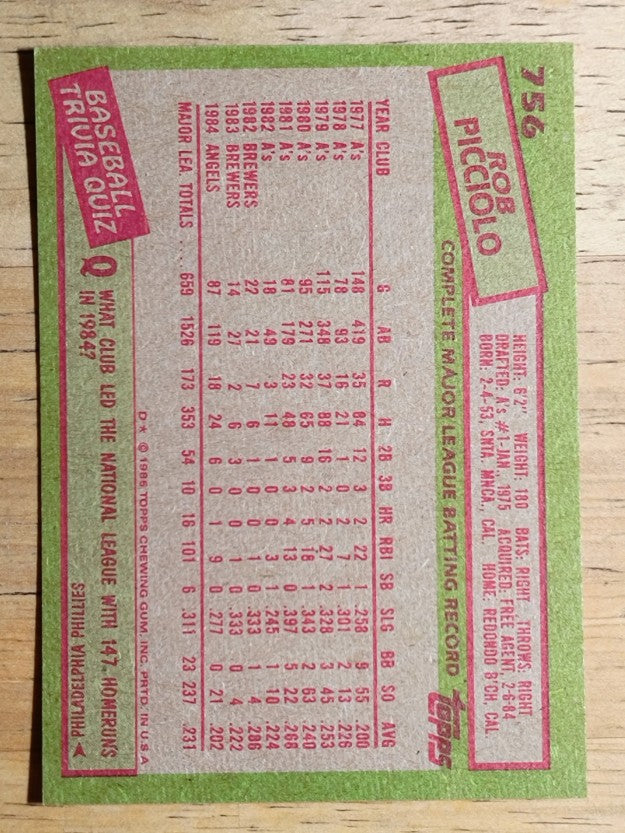 1985 Topps #756 Rob Picciolo