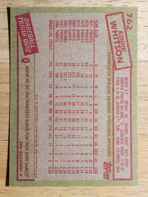 1985 Topps #762 Eddie Whitson