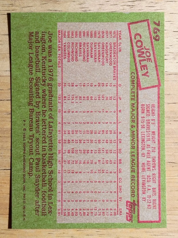 1985 Topps #769 Joe Cowley
