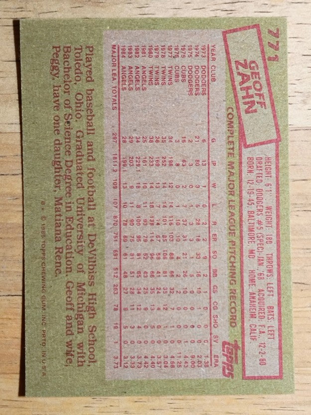 1985 Topps #771 Geoff Zahn