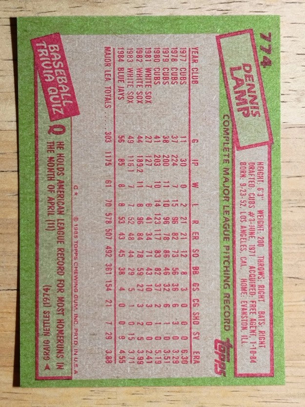 1985 Topps #774 Dennis Lamp