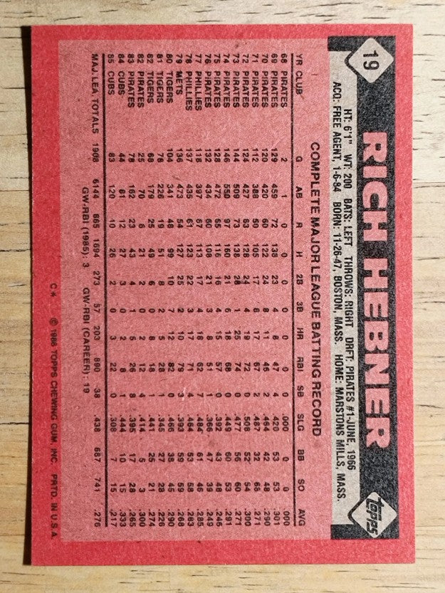 1986 Topps #19 Rich Hebner