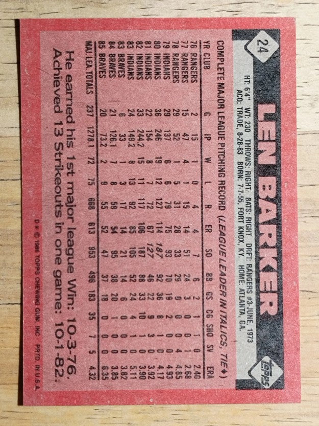 1986 Topps #24 Len Barker