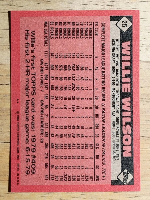 1986 Topps #25 Willie Wilson