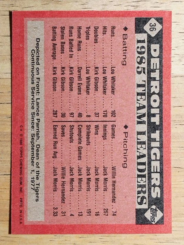 1986 Topps #36 Tigers Leaders/Lance Parrish