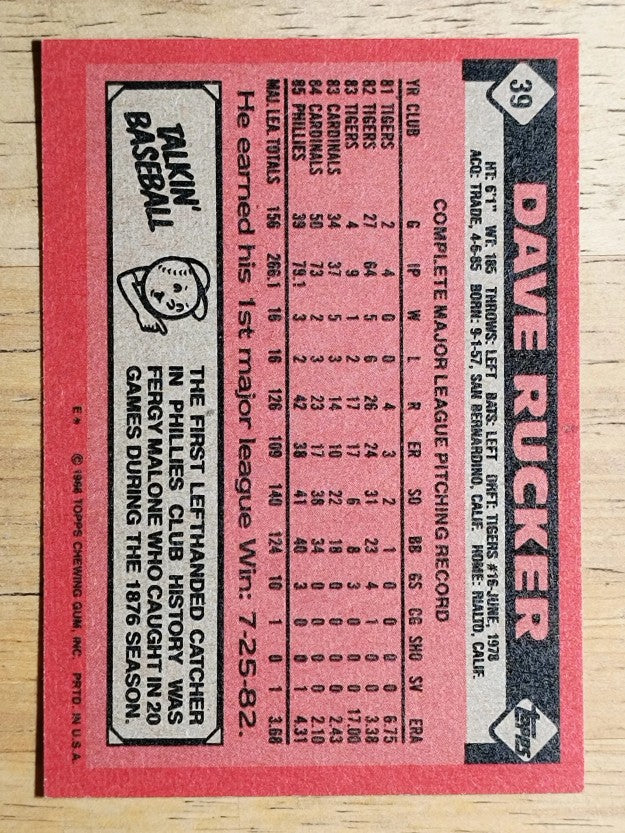 1986 Topps #39 Dave Rucker