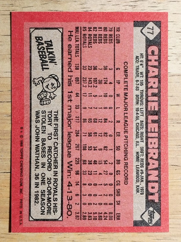 1986 Topps #77 Charlie Leibrandt