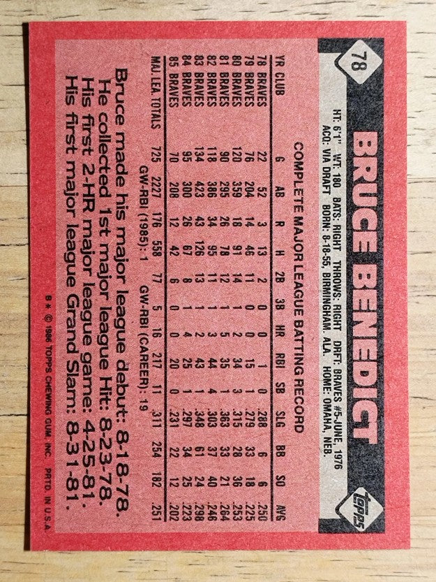 1986 Topps #78 Bruce Benedict