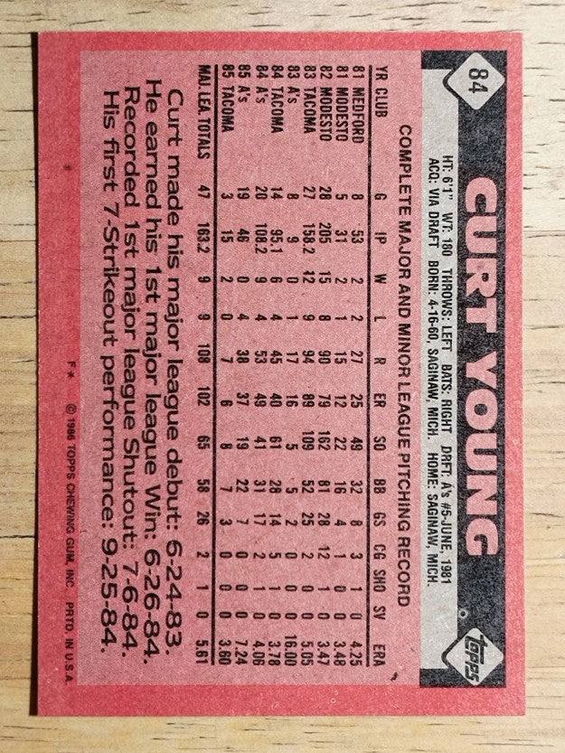 1986 Topps #84 Curt Young
