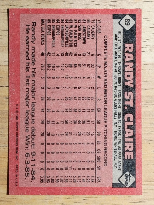 1986 Topps #89 Randy St.Claire