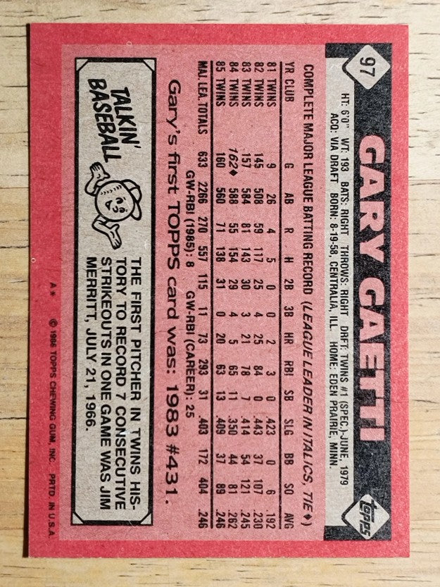 1986 Topps #97 Gary Gaetti