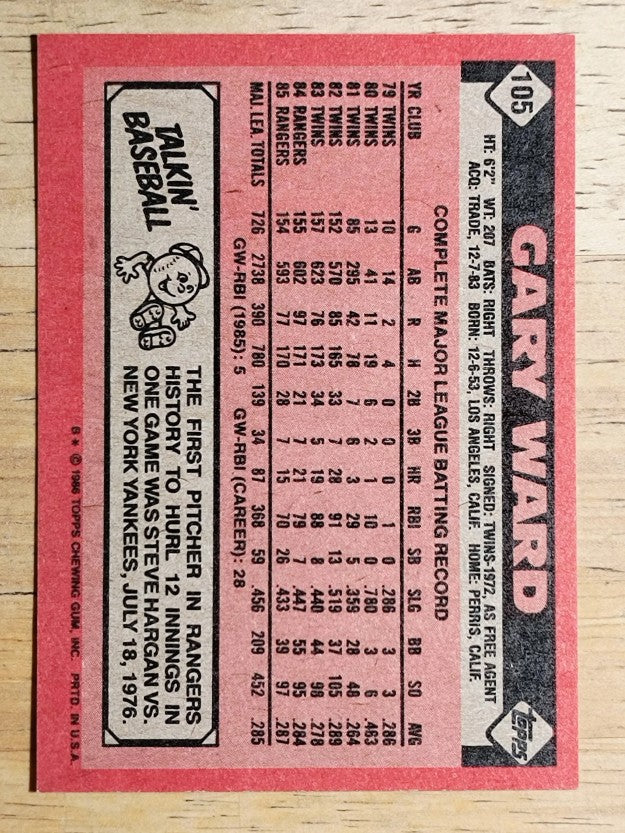 1986 Topps #105 Gary Ward