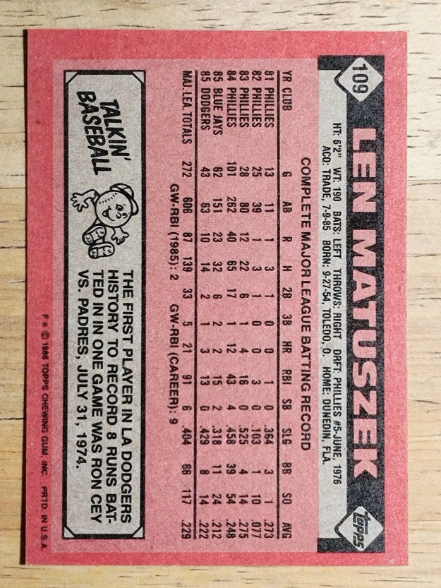 1986 Topps #109 Len Matuszek