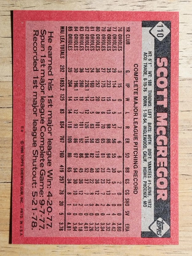 1986 Topps #110 Scott McGregor