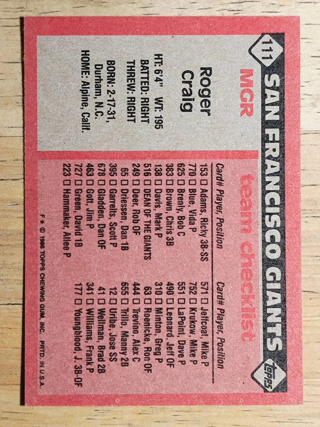 1986 Topps #111 Roger Craig MG