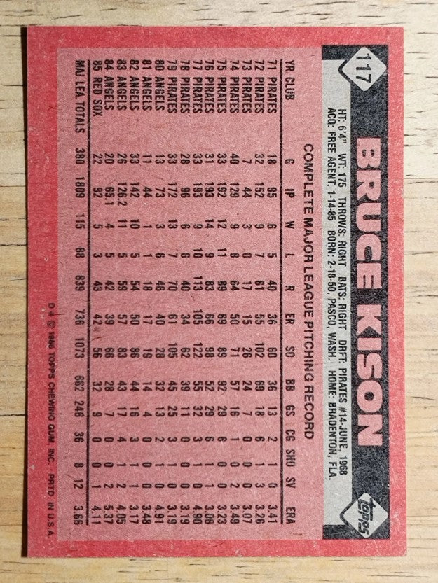 1986 Topps #117 Bruce Kison