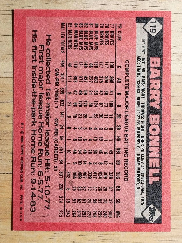 1986 Topps #119 Barry Bonnell