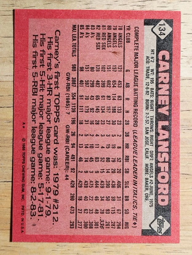 1986 Topps #134 Carney Lansford