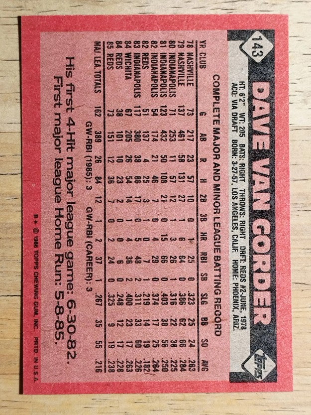 1986 Topps #143 Dave Van Gorder