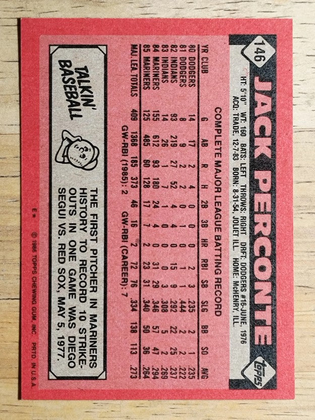 1986 Topps #146 Jack Perconte