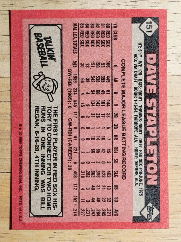 1986 Topps #151 Dave Stapleton