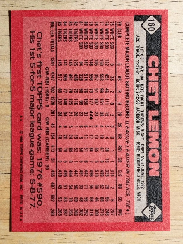 1986 Topps #160 Chet Lemon