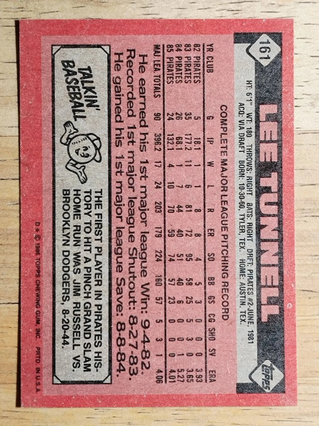 1986 Topps #161 Lee Tunnell