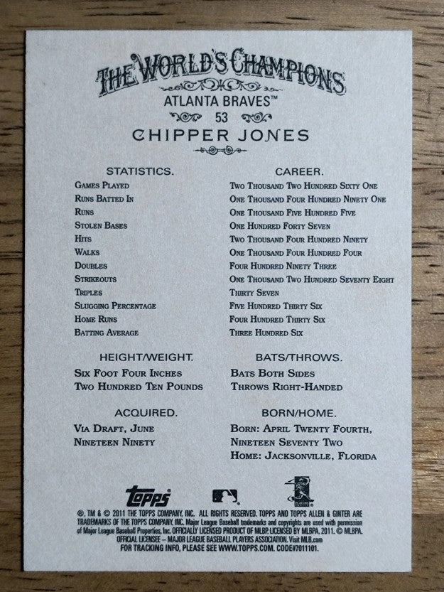 2011 Topps Allen and Ginter #53 Chipper Jones
