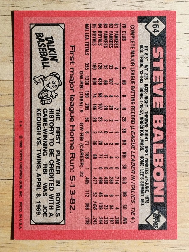 1986 Topps #164 Steve Balboni