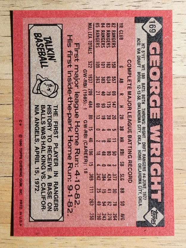 1986 Topps #169 George Wright