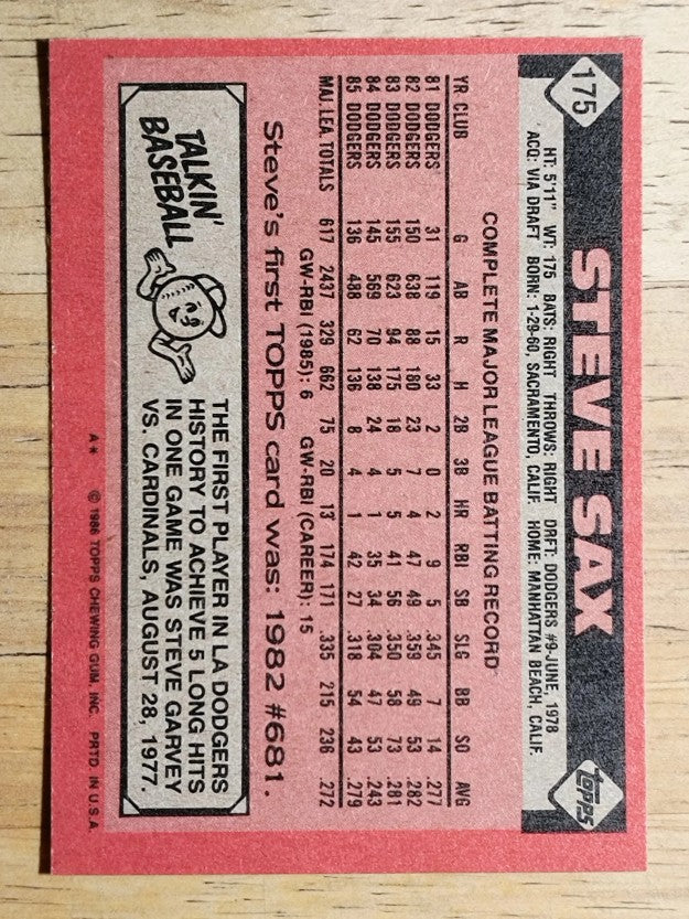 1986 Topps #175 Steve Sax